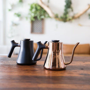 fellow stagg black and copper kettle 1 litre on wood table